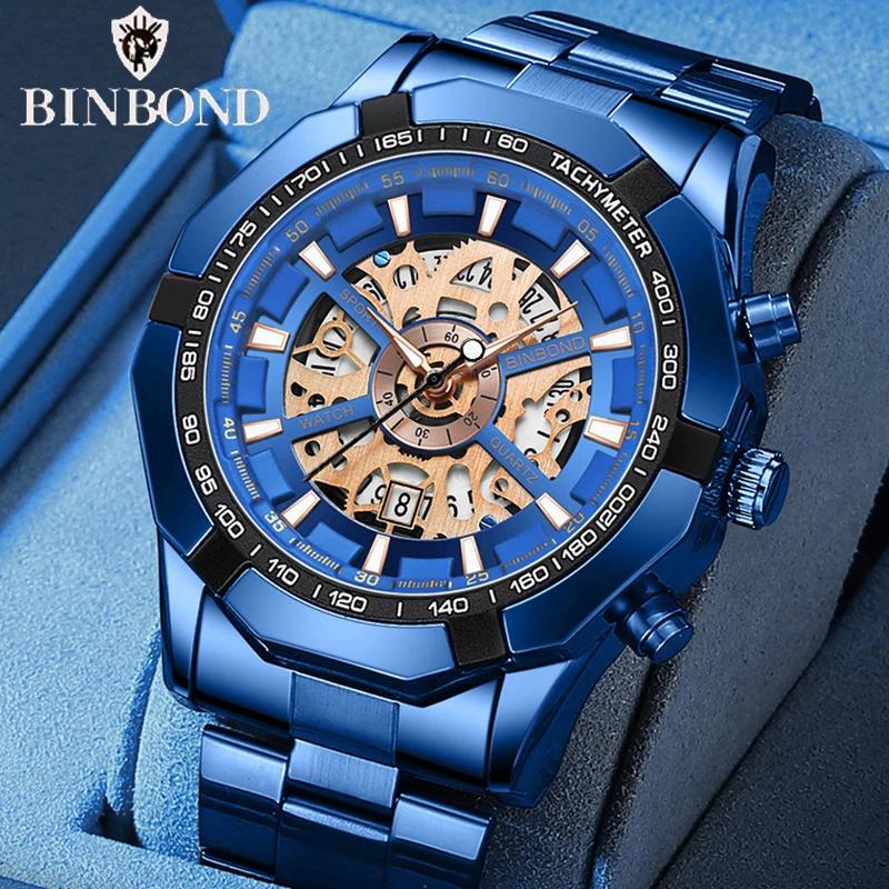 BINBOND Men's Quartz Watches Top Brand Luxury Stainless Steel Waterproof Hollow Out Blue Big Male Wristwatches Relogio Masculino