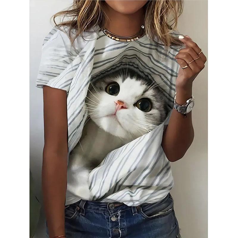 Новая футболка с изображением котенка, животного, кошки, 3D-печать, летние женские футболки с коротким рукавом, уличная одежда, Харадзюку, Y2k, топы для женщин, девушек, одежда
