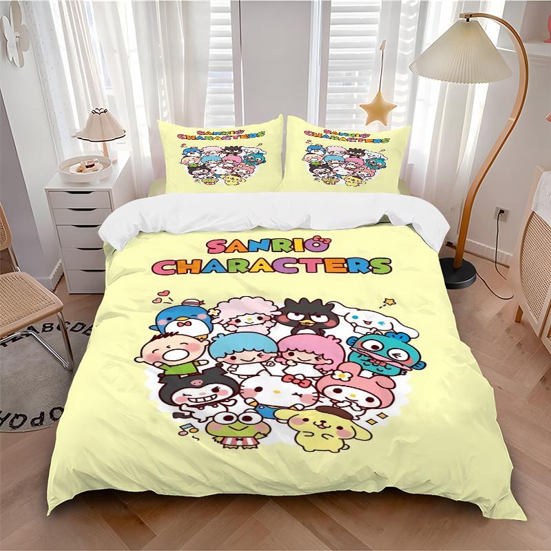 3 шт. Комплект постельного белья с рисунком «Сбор персонажей Sanrio», 1* Пододеяльник + 2* Наволочки, Комплект постельного белья с принтом, Мягкий и удобный.S085
