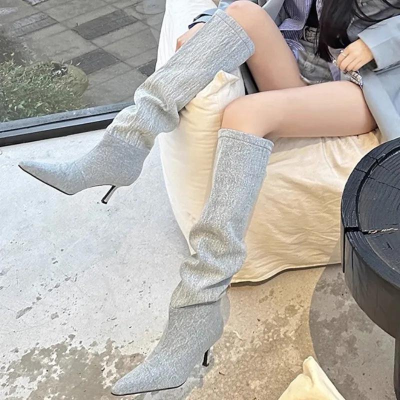 2024 Cowboy Knee High Chelsea Boots 2024 New Autumn Winter Pointed Toe Women Stilettos Shoes Gladiator Motorcycle