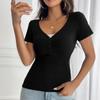 Женский свободный повседневный однотонный облегающий топ с кружевным лоскутным узором и V-образным вырезом с короткими рукавами