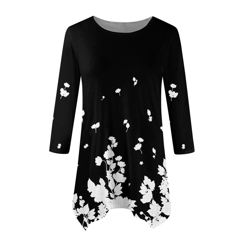 Женская модная повседневная рубашка с круглым вырезом и цветочным принтом, рукавами-семью, свободным удобным топом с поясом