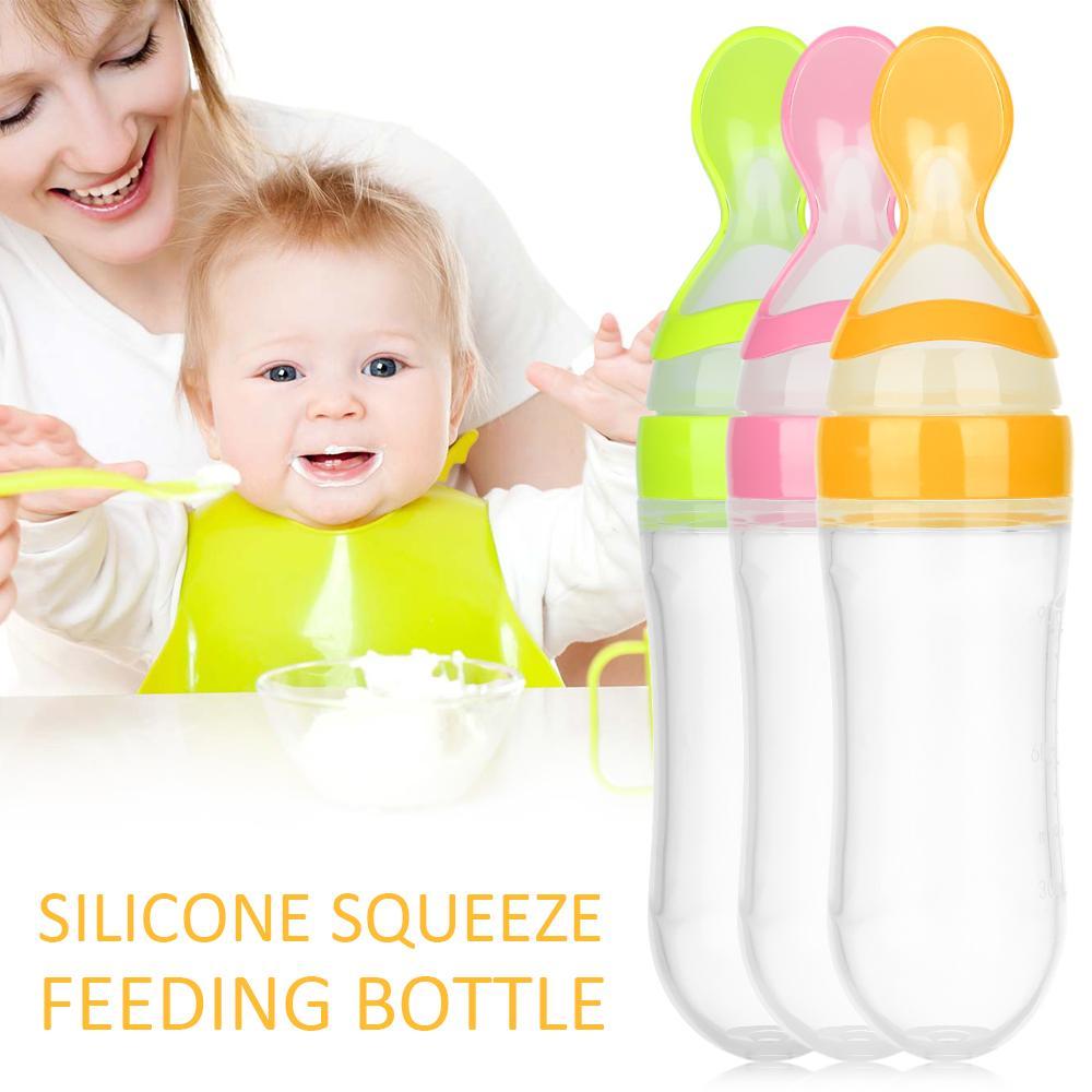 New Fashion Squeeze Silicone Feeding Bottle Food Rice Feeder Milk Bottle With Spoon