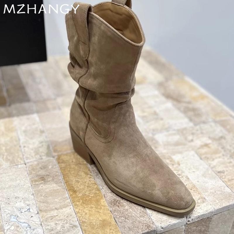 Fashion Women Suede Ankle Snow Boots Mid Heels Chunky Dress Fashion Warm Walking Boots Women 2024 Trend New Winter Designer Botas Mujer