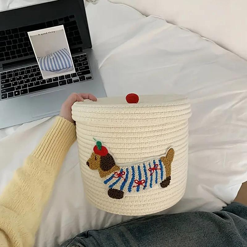 Милая корзина для хранения щенков Плетеная рама из хлопковой веревки Большая вместимость С крышкой Пылезащитное ведро для хранения Настольный пылезащитный