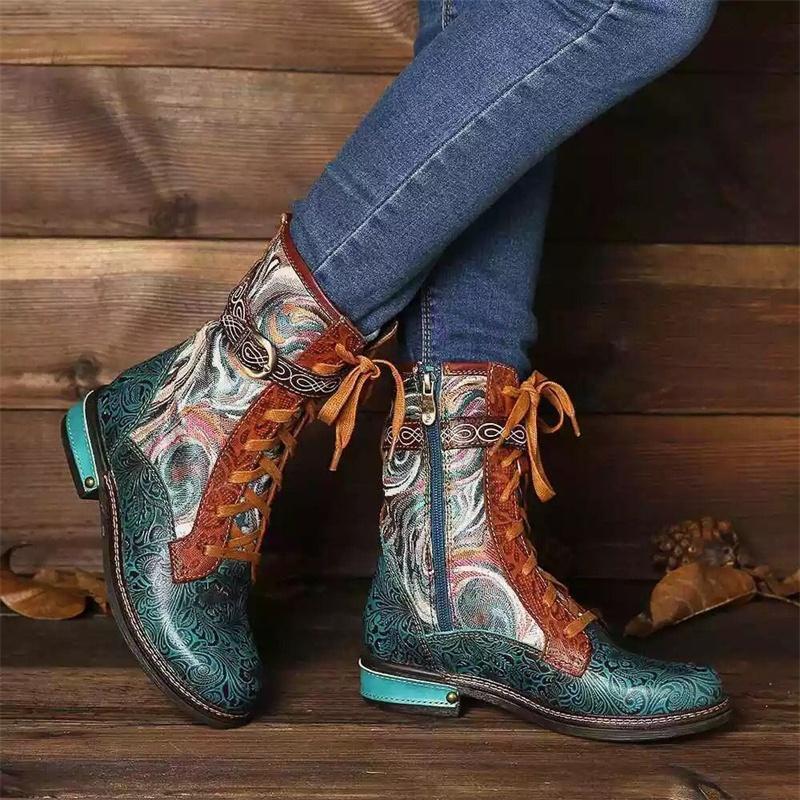 Зимние женские туфли на плоской подошве с вышивкой в этническом стиле, женские кожаные ботинки на шнуровке в стиле ретро, короткие сапоги на молнии