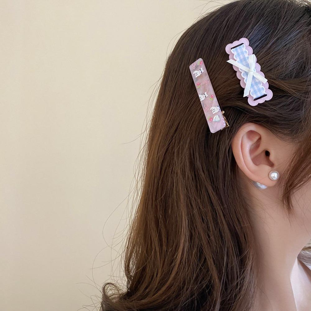 2Pcs/set Korean Style Bow Plaid Hair Clip Barrettes Korean Hair Clip Cartoon Cat Hairpin  Holiday