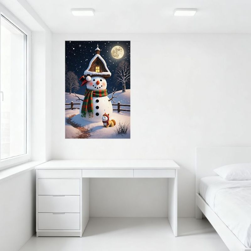 Причудливая зимняя сцена со снеговиком, металлическая жестяная табличка - Звездная ночь, Полная луна, Собака шиба-ину, Снежинки, Праздничный декор для стен дома для