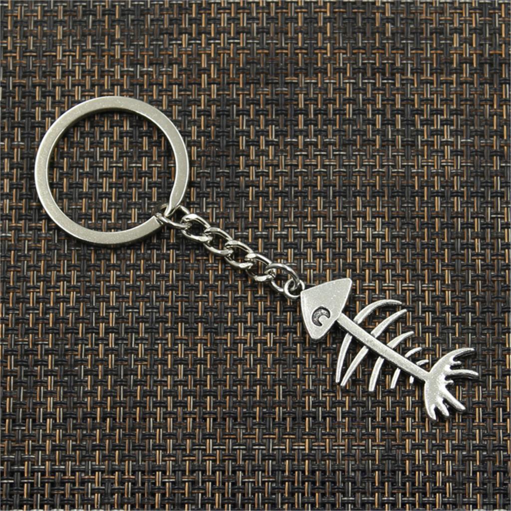 New Fashion Men 30mm Keychain DIY Metal Holder Chain Vintage Fish Bone 42x21mm Silver Color Pendant Gift