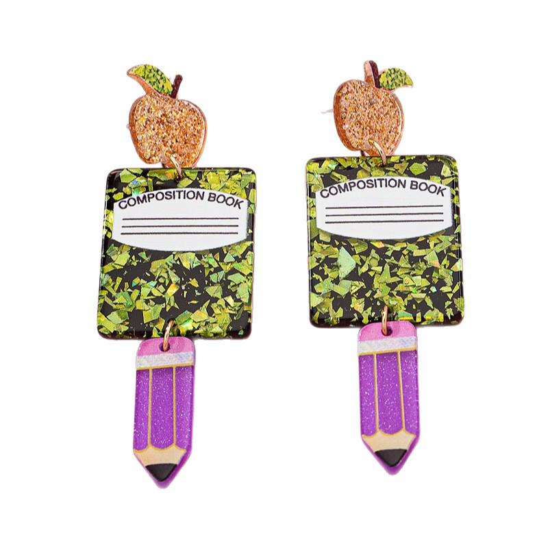 Стильные акриловые серьги-подвески - дизайн Яблоко, Книга, Ручка для шикарного европейского и американского образа