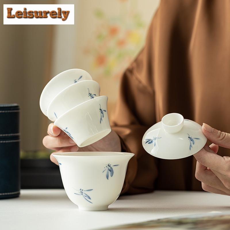 Чайный сервиз с бабочкой и орхидеей, нарисованный вручную, комплект Zen, 1 миска, 3 чашки, чайник, чайный сервиз, портативный, кожаная сумка Trave, китайский чайный сервиз, подарок
