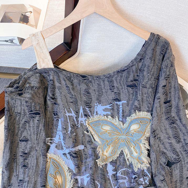 Butterfly Hole Breaking Design Top Long Sleeve Shoulder Leakage Women's T-shirt Korean Fashion Drawstring Lady Pullover