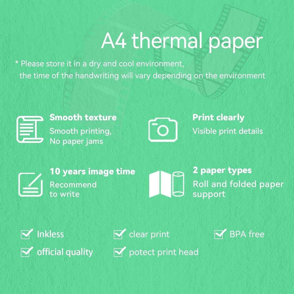 A4 Thermal Printer Paper 4 Roll, 8.3 inches Wide, Fax Paper, Compatible with PeriPage A40, M08F, MT810 and Other Portable Thermal Printers (4 Rolls |
