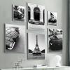 Настенная картина на холсте, черный, белый цвет, Париж, город, гоночный автомобиль, винтажный автомобиль, декор для гостиной, постеры и принты, настенная картина