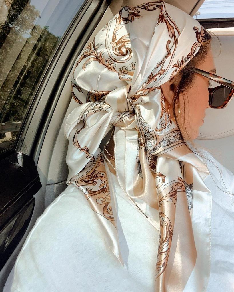 Satin Square Scarf Women Muslim Hijab Elegant Print Silk Neckerchief Shawl Wraps Headband Handle Hair Accessories Bandana