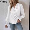 Women's Fashion Casual Spring Fall Solid Color Print Long Sleeve V-Neck Blouses & Shirts