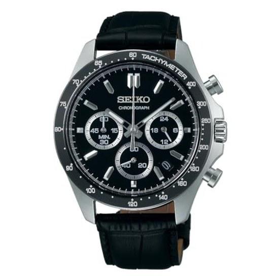 SEIKO SELECTION SBTR021 mens wristwatch battery-operated quartz chronograph leather belt black dial date calendar 24-hour hand equipped