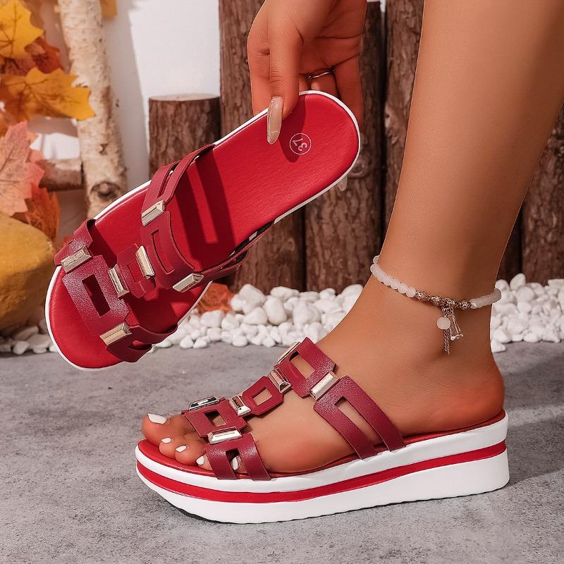 Металлические шлепанцы с вырезами Женские летние с круглым носком и открытым носком Вырезы Нескользящая платформа Клиновидная обувь