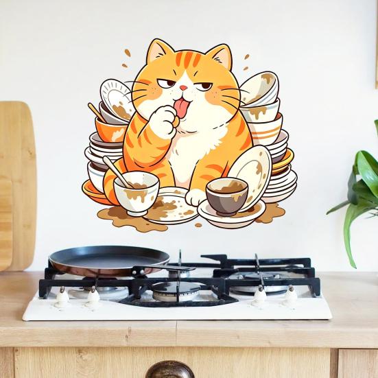 Мультяшный кот Наклейка на стену, Забавный оранжевый кот Купающийся/Вылизывающий Наклейка на стену, Отклей и приклей Самоклеящаяся ПВХ Настенный рисунок для Кухни, Ванной комнаты