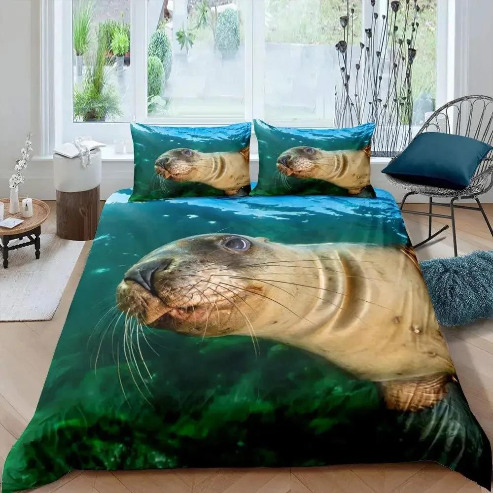 Пододеяльник с изображением тюленя размера King, милый комплект постельного белья с изображением тюленя, милый экзотический стиль океана, 2/3 шт., полиэстеровое одеяло с изображением морской жизни