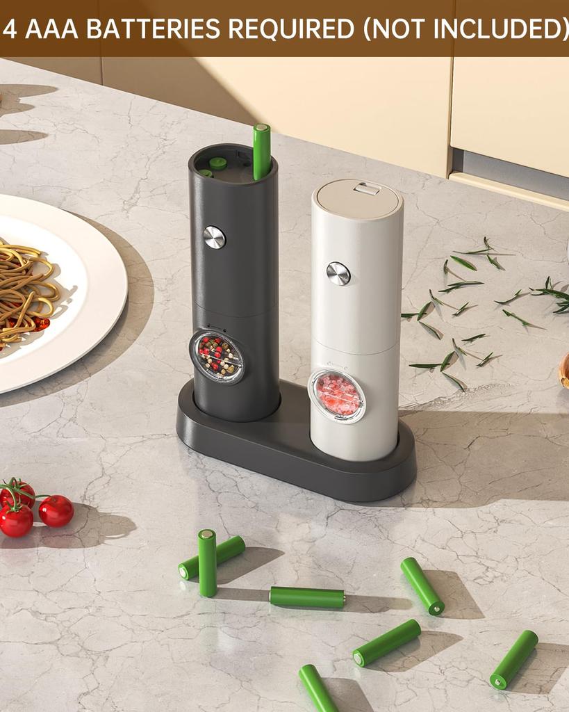 CIRCLE JOY Electric Pepper Grinder Battery Operated Pepper 70ml Washable Storage White LED Adjustable Easy Black and White Set, Mill, Container, Base,