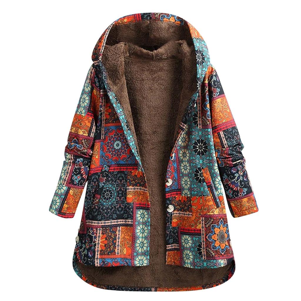 Ladies Long Sleeve Hooded Thick Composite Plush Vintage Flower Print Plus Size Hooded Jacket