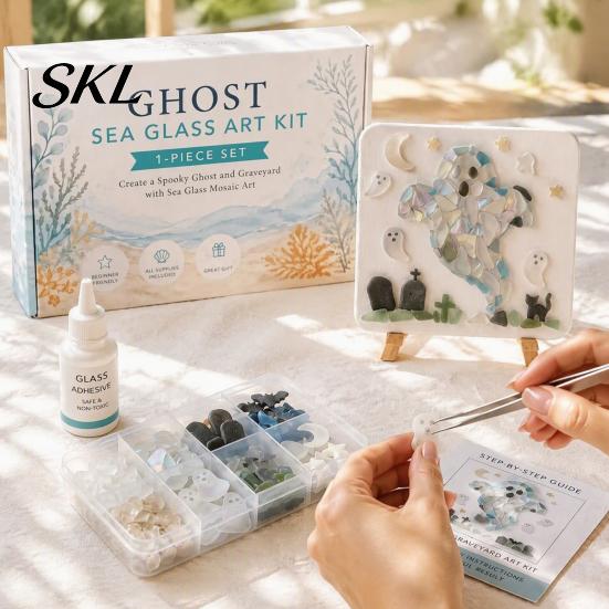Sea Glass Craft Set Halloween DIY Mosaic Art Kit, Kit with Wooden Supplies Easel, Ghost Witch Crow for Adults, Handmade Tabletop Ornament Project