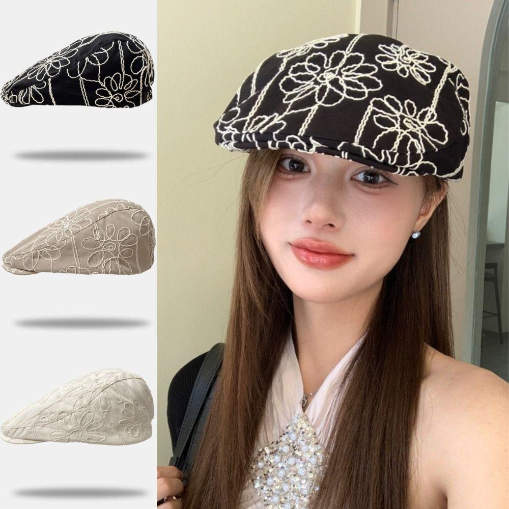 Casual Versatile Forward Cap Flower Embroidery British Hat Fashion Beret For Lady Girl