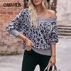 Autumn and Winter Women's Sweater V-neck Strapless Leopard Print Pullover Loose Fashion Sweater