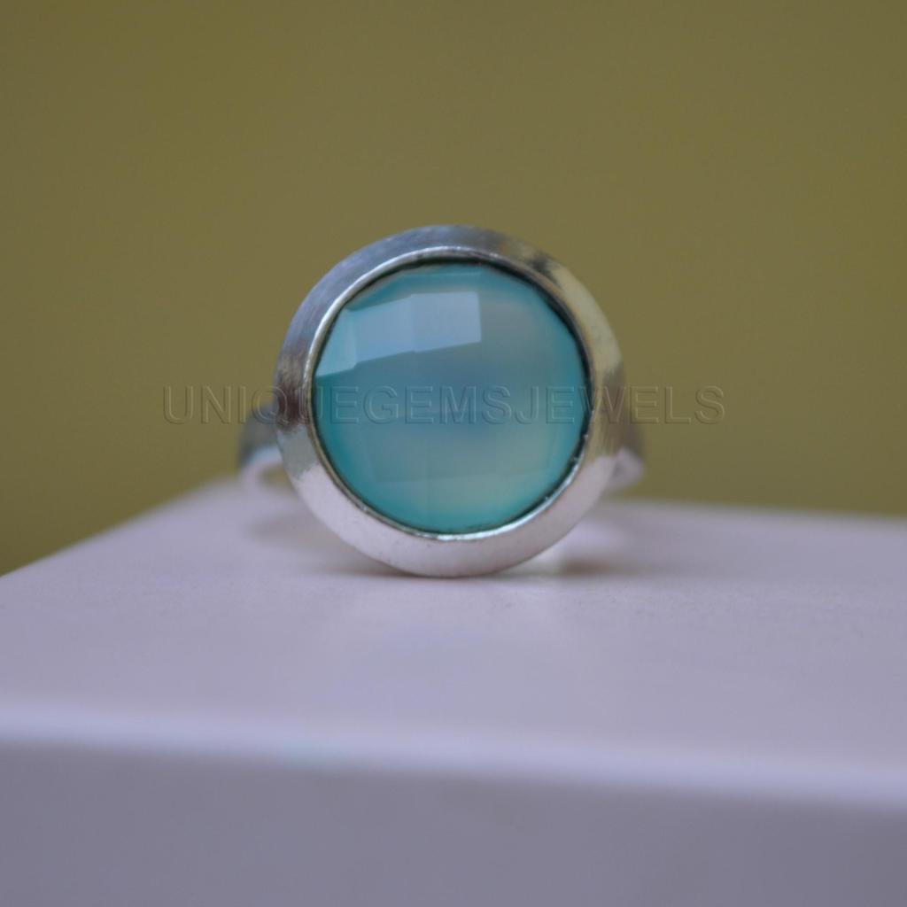 Rose Cut Round Sea Foam Green Chrysoprase 925 Sterling Silver Ring Jewelry, Handmade Gift Statement Ring