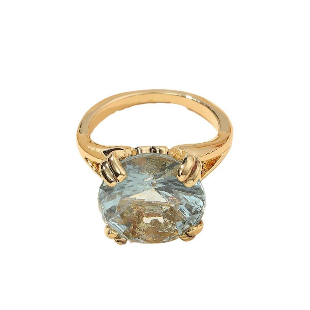 Jianjie Luxury 14K Gold Women's Ring with Sea Blue Diamond - European & American Style