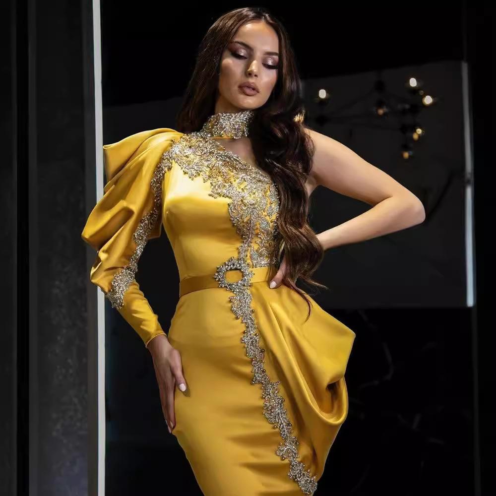 Spring and summer new European and American women's clothing sexy gold-sprinkled turtleneck dress splicing irregular banquet dress