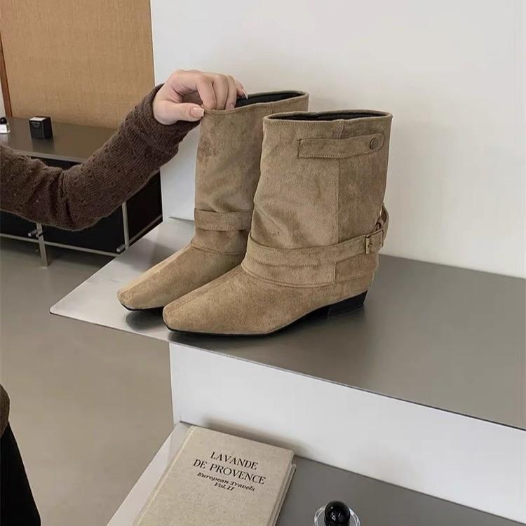 Soft leather version~ thick heel square trouser boots autumn and winter new belt buckle short boots retro thin short boots