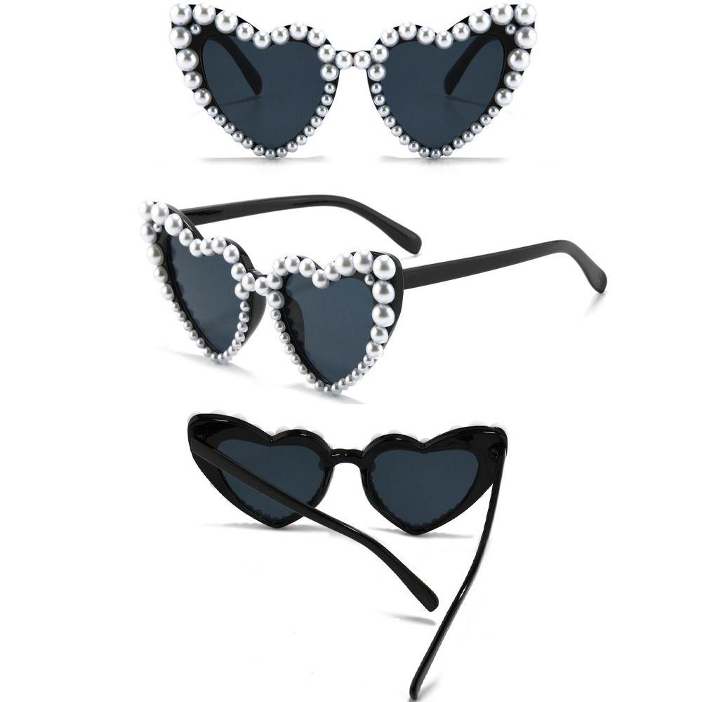 Heart-shaped Frame Pearl Decoration Sunglasses Travel Black Shades Glasses Bridal Glasses Outdoor
