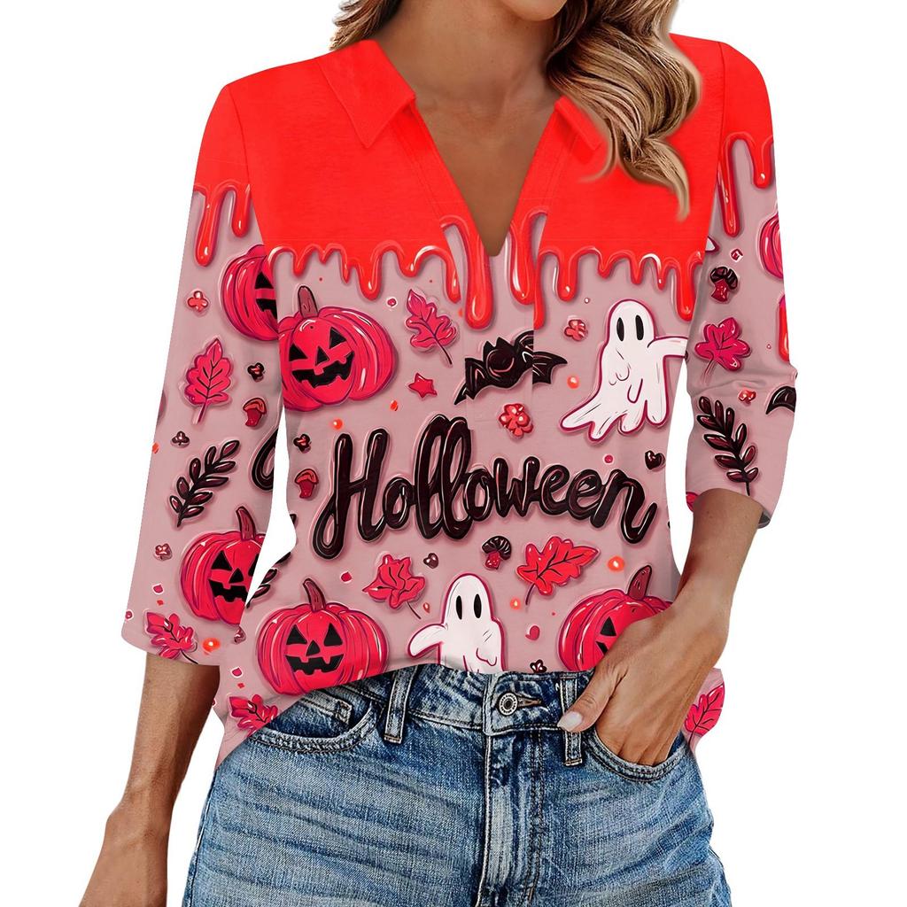 Women's Fashion Casual Lapel 3/4 Sleeve Halloween Print Shirt Women's V-Neck Tops