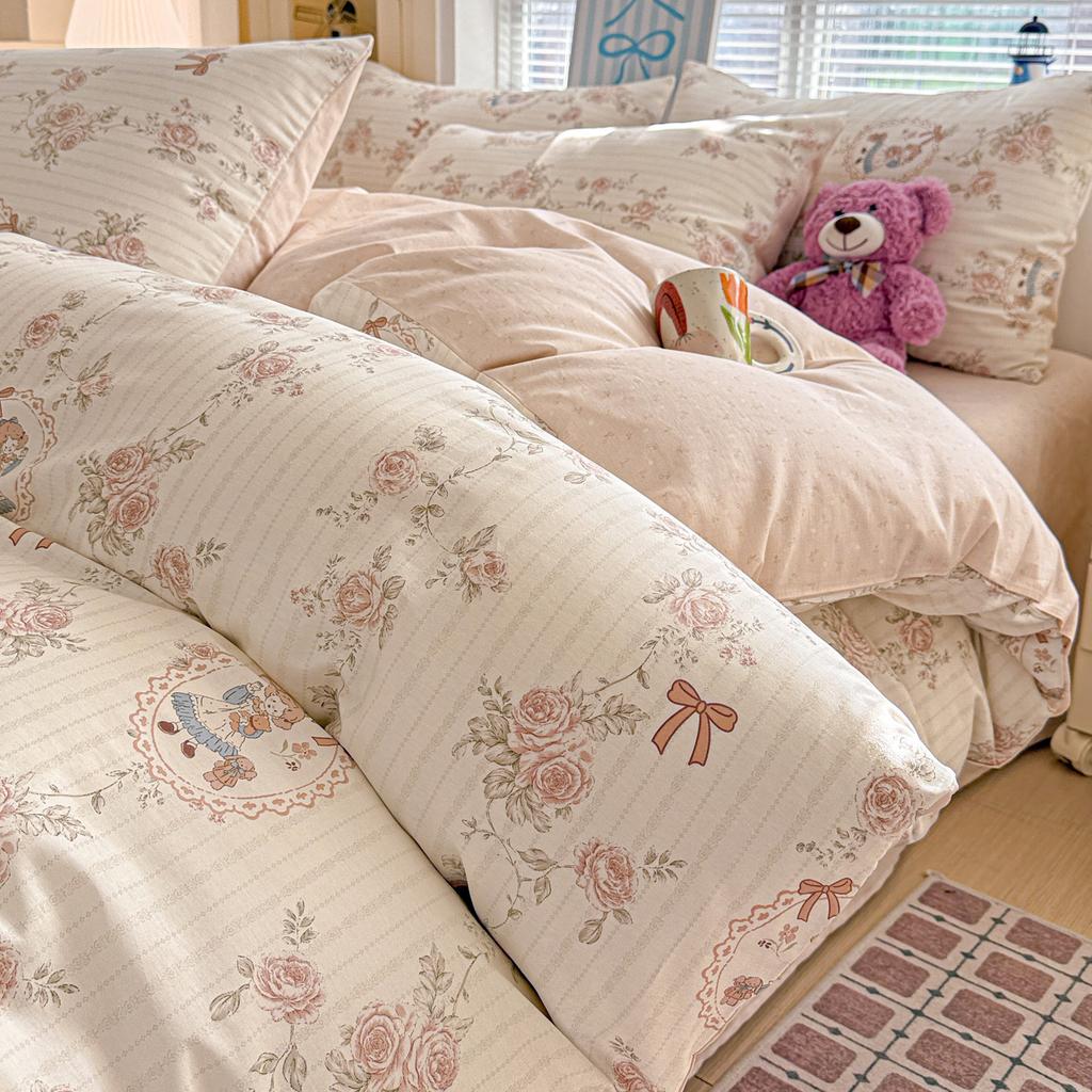 Small fresh pure cotton bed four-piece cotton quilt cover bed sheet student dormitory three-piece bedding can sleep naked skin-friendly
