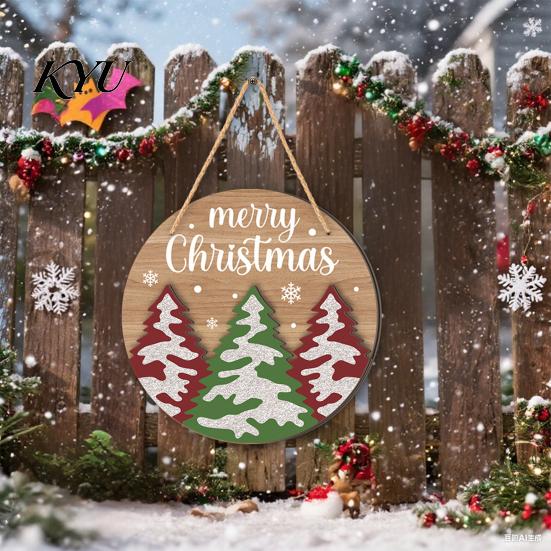 Rustic Entrance Hall Decor Round 2D Wooden Welcome Sign, Farmhouse Christmas Door Hanger with Rope, Deer Winter Porch Sign Tree Bird Wall Plaque