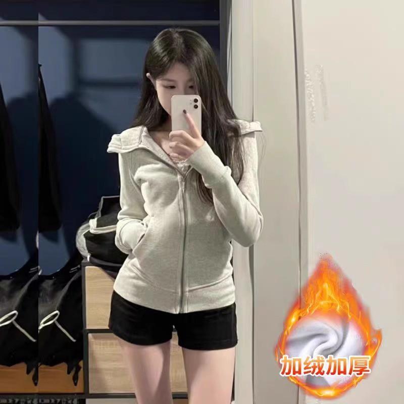 Womens Slim Fit Hooded Zip-Up Sweatshirt Purple Korean Style Casual Yoga Top