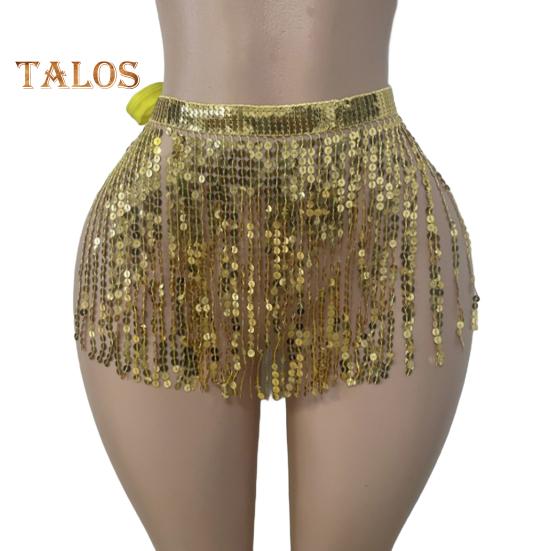 Юбка с пайетками и кисточками, блестящая мини-юбка для танца живота, бахрома, шарф на бедра для рейв-фестиваля, клубная одежда, костюм для выступлений на вечеринке