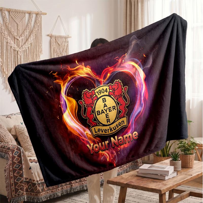 Bayer Leverkusen Football Personalized Fleece Blanket With Football Logo, Custom Name Text Soft Warm Home Throw Blanket