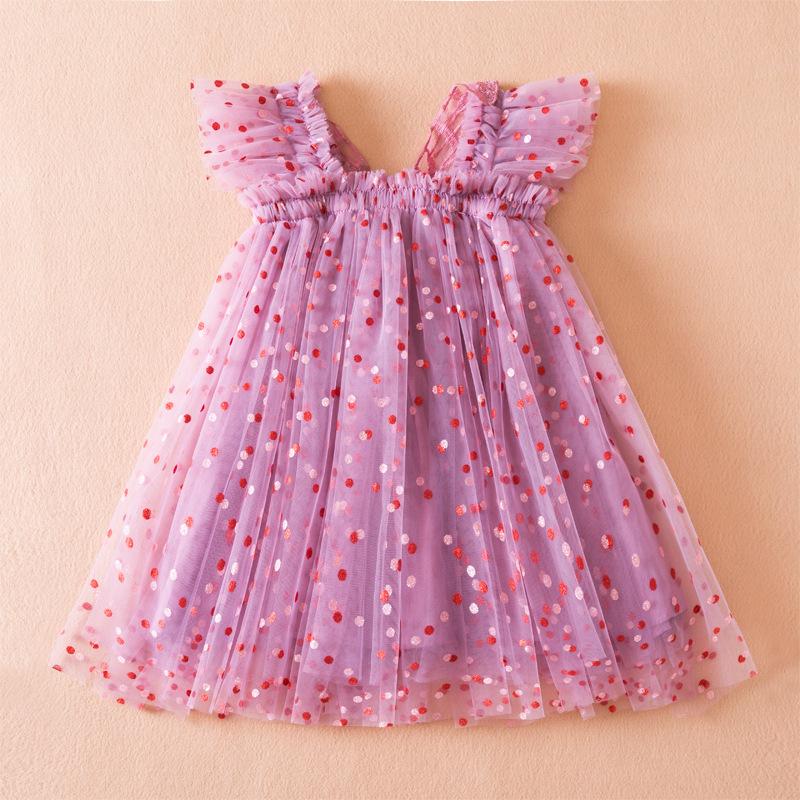 Платье для девочек, лето 2024, летнее платье в горошек с мультяшным принтом для маленьких девочек, сетчатая юбка, пышные тюлевые платья принцессы с крылышками