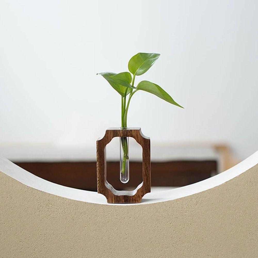 Test Tube Shape Solid Wood Flower Vase Vase Ornaments Wooden Stand Hydroponic Flower Vessel Clear Glass Vase