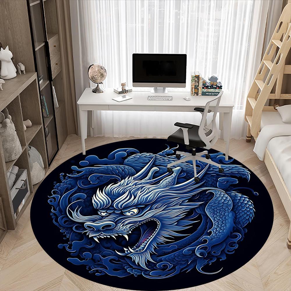 1pc Blue Dragon Design Chair Carpet for Office, Round Non Slip Durable Large Size Office Carpet, Suitable for Office