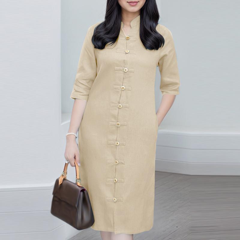 ZANZEA Women Stand Collar Casual 3/4 Sleeve Retro Sheath Dress