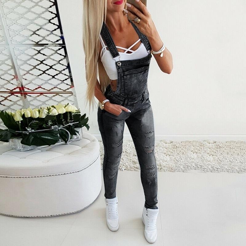 Womens Denim Overalls Jumpsuits and Rompers Skinny Slim Fit Jeans Long Jumpsuit Ripped Hole Pencil Pants Overalls