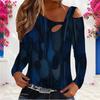 Women Plus Size Asymmetric Cutout Neck Cold Shoulder Long Sleeve Blue Printed Fitted Blouse