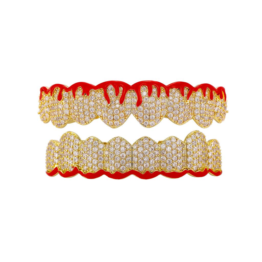 New Eight Teeth Red Flame Braces Full Bling Zircon Hip Hop Cosplay Grillzs Halloween Real Gold Plated Body Jewelry