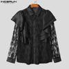 Men Lapel Ruffled Long Sleeve Lace T-shirts Casual Patchwork Tops