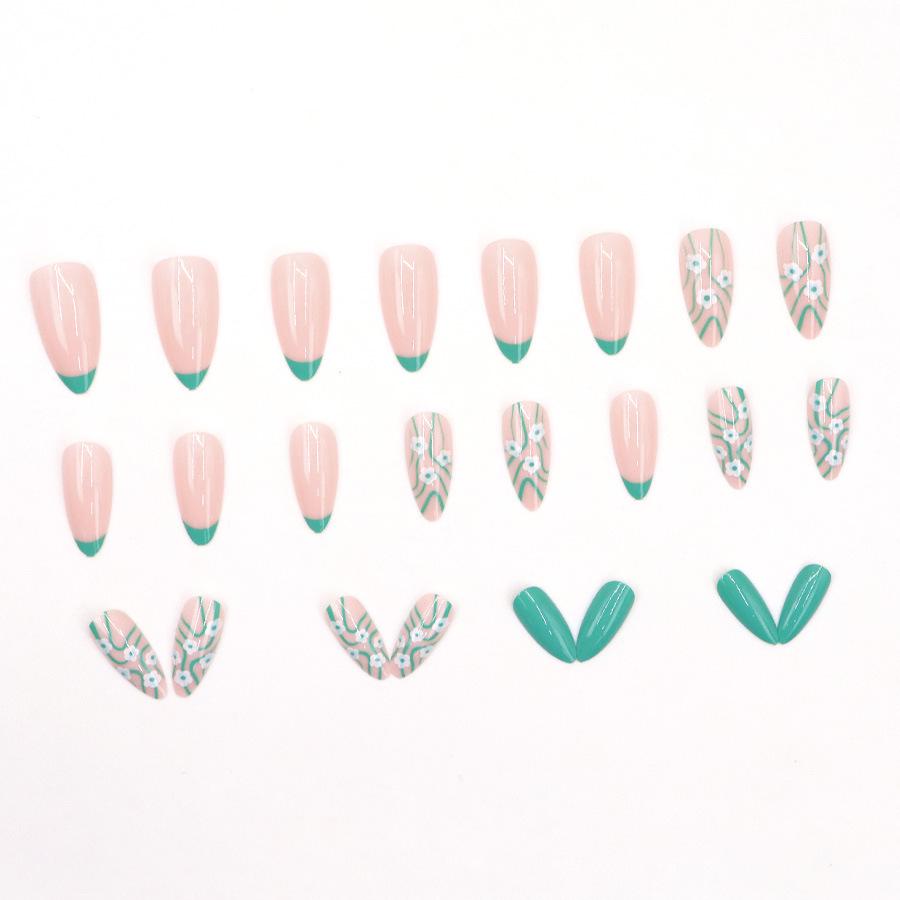 Summer Fresh Light Green Floral French Girly Almond Nail Art Tips