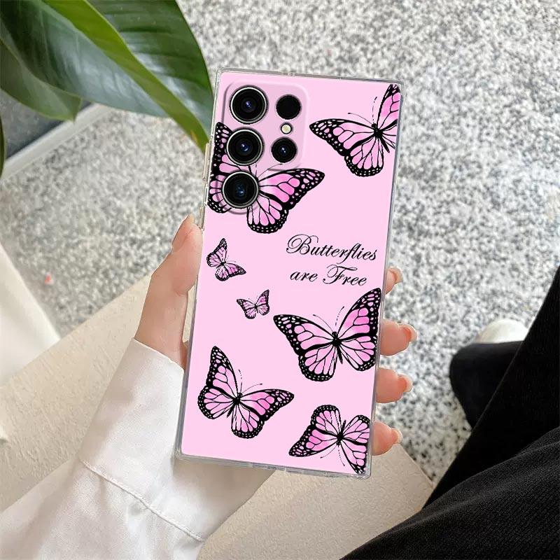 Pink Butterfly S25Ultra Clear Case For Samsung Galaxy S25 S24 S23 Ultra S20 S21 FE S22 Plus A56 A55 A36 A26 5G Soft Phone Cover